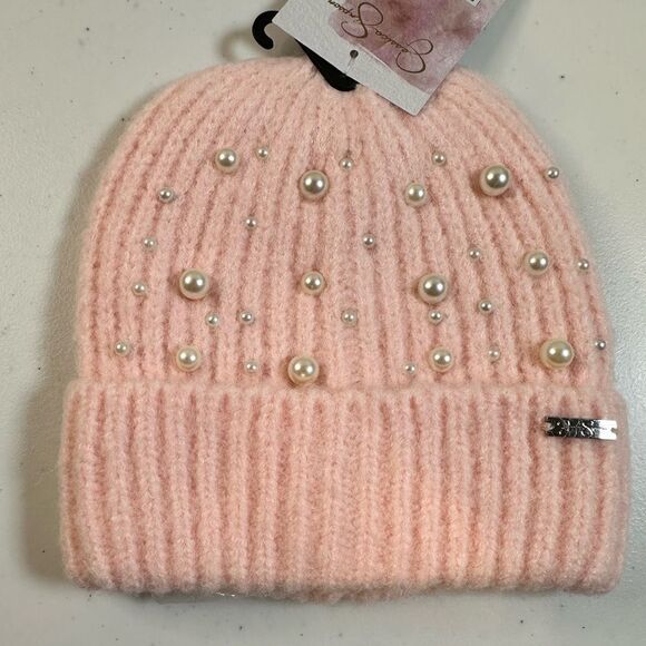NWT Jessica Simpson Women’s Pink Pearl Cuffed Knit Beanie Hat - Picture 1 of 11